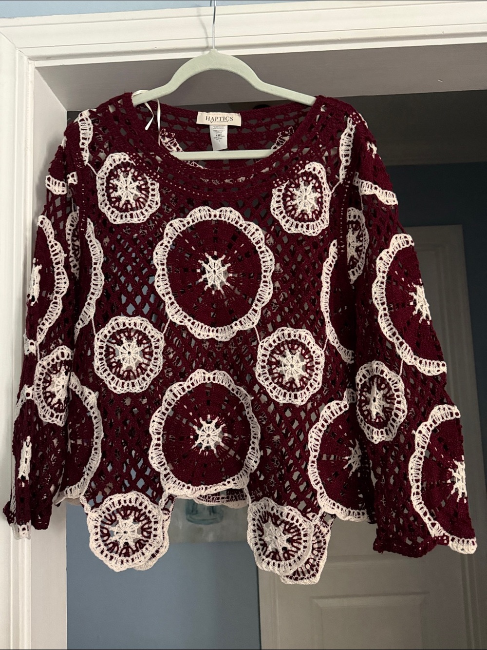 Haptics Women's Burgundy Crochet Pullover with Cream Motifs